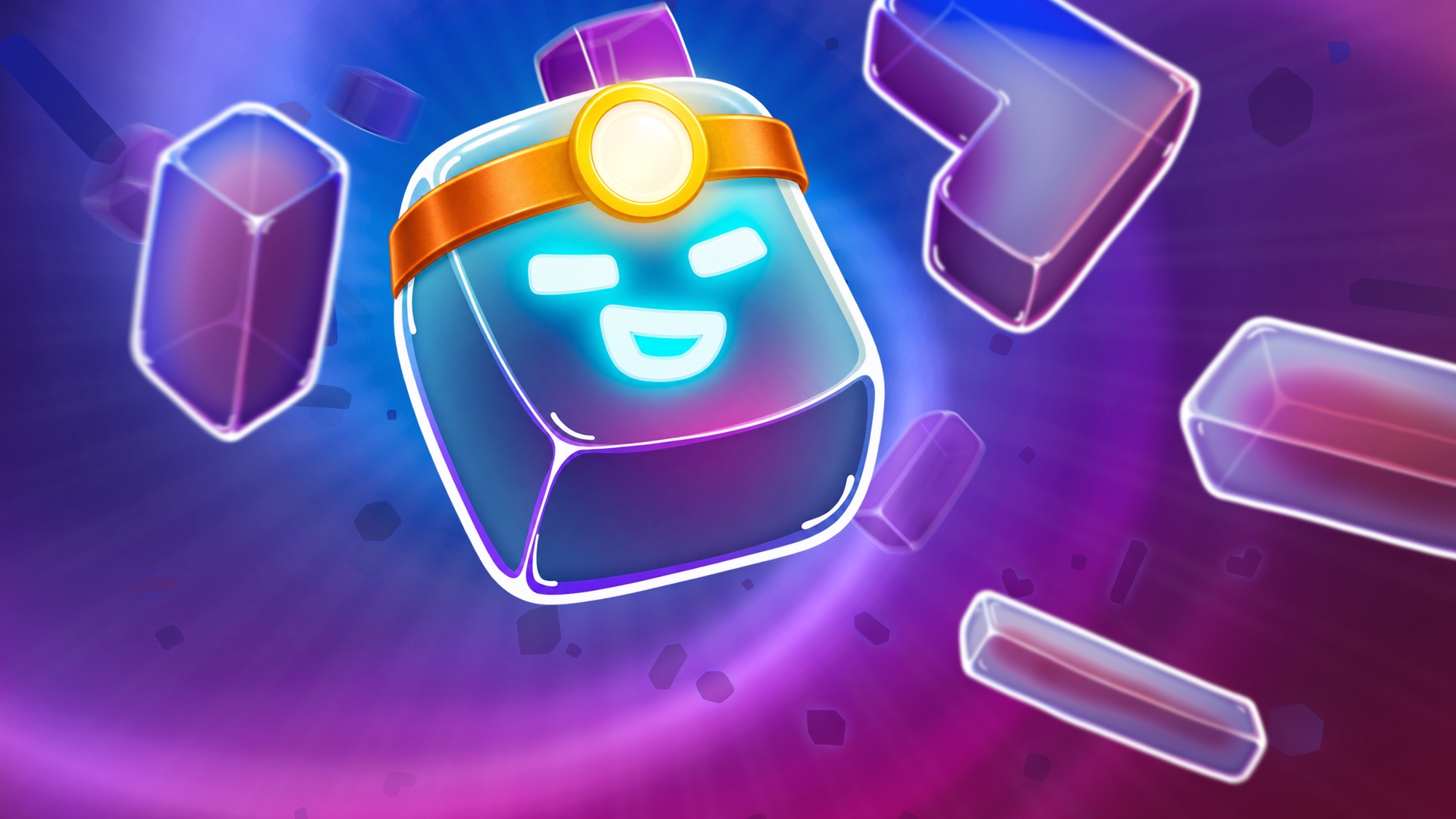 ollo wearing a glowing headlamp, surrounded by floating glass puzzle pieces